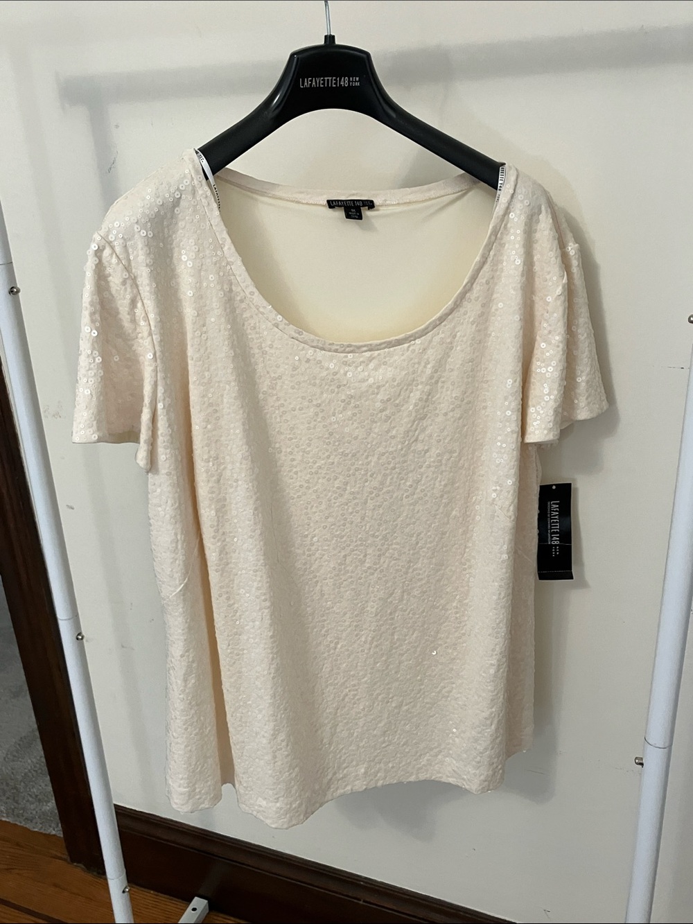 NEW! Sequined Lafayette 148 Ivory Silk Scoop-Neck Short Sleeve Top